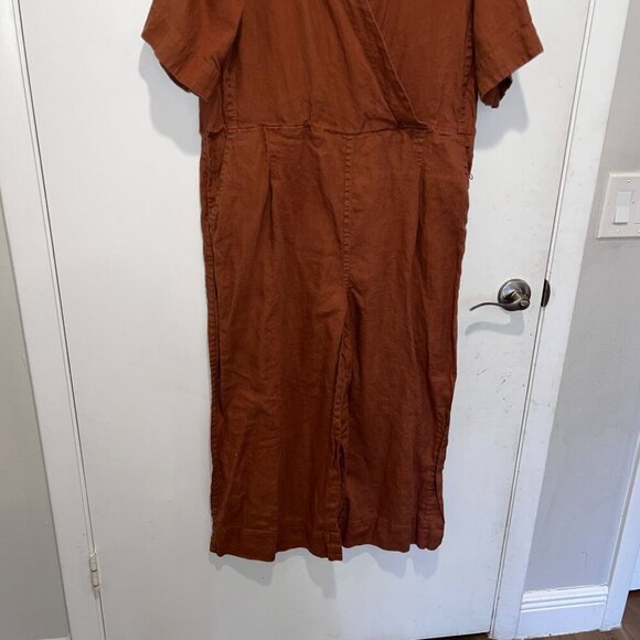 Everlane Rust Brown Linen Wrap Short Sleeves & Wide Legs Women's Jumpsuit Size 1 - Picture 3 of 10